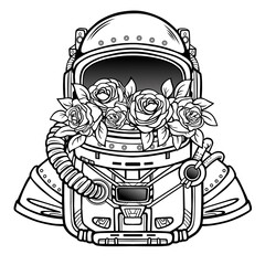 Wall Mural - Space helmet of the astronaut is filled in flowers roses.  Linear monochrome drawing. Vector illustration isolated on a white background. Print, poster, t-shirt, card.