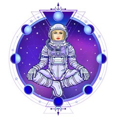 Wall Mural - Figure of a woman astronaut sitting in a Buddha pose. Meditation in space.Background - the night star sky, circle phase of the moon. Sacred geometry. Vector illustration.  Print, poster, t-shirt, card