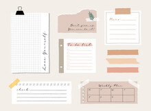 Cute Memo Template. A Collection Of Striped Notes, Blank Notebooks, And Torn Notes Used In A Diary Or Office.