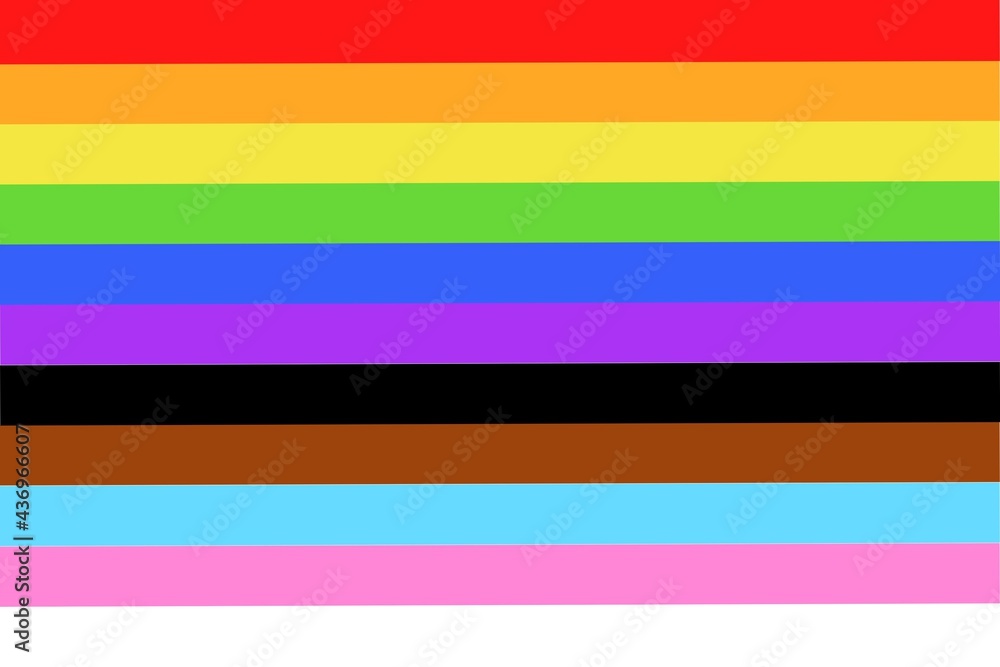 Illustration of colorful new Social Justice / Progress rainbow pride flag / banner of LGBTQ+ (Lesbian, gay, bisexual, transgender & Queer) organization. June is celebrated as the Pride Parade month - obrazy, fototapety, plakaty 