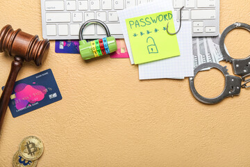 Composition with PC keyboard, credit cards, handcuffs and money on color background. Hacking concept