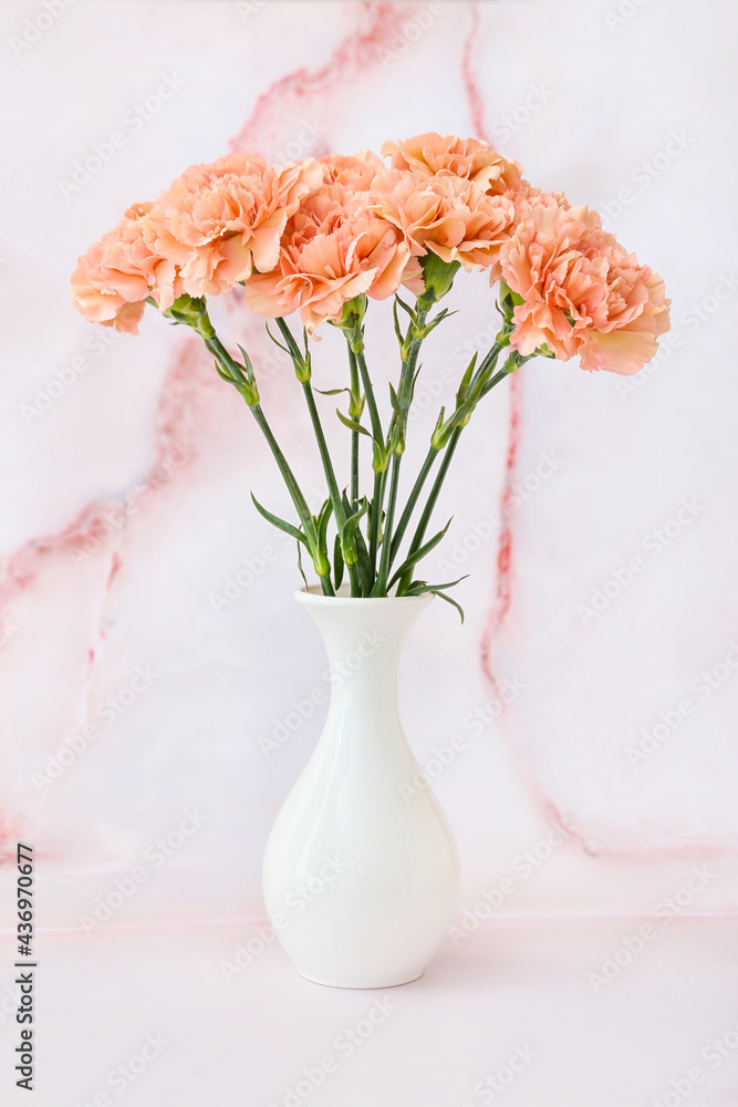 Vase with beautiful carnation flowers on light background