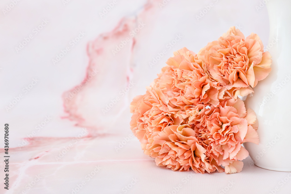 Beautiful carnation flowers and vase on light background