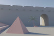 an arch, a palm tree, a staircase,a pyramid in the desert.3 d rendering architecture of Africa