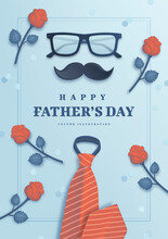 Father's Day Poster Or Banner Template With Realistic Necktie, Glasses, Moustache And Flowers On Blue Background
