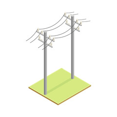 Utility Pole Supporting Overhead Electric Power Lines Isometric Vector Illustration