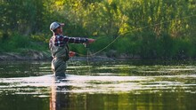 Fly Fishing. Fly Fisherman Casts The Line On The River. Angler Stands In The River And Casts The Fly