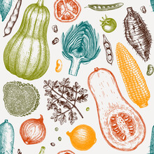 Seasonal Vegetables Seamless Pattern. Harvest Festival Vector Background. Hand Sketched Herbs, Vegetables, Mushrooms Illustration. Health Food Ingredients Backdrop