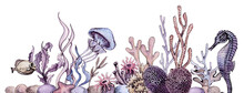 Watercolor Under The Sea Composition Border, Sea Life Art, Ocean Bottom Bouquets, Underwater