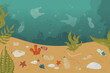 Polluted undersea underwater ocean sea dirty landscape, marine pollution ecology problem vector illustration. Cartoon plastic bottle, tin and bag trash garbage damage water environment background