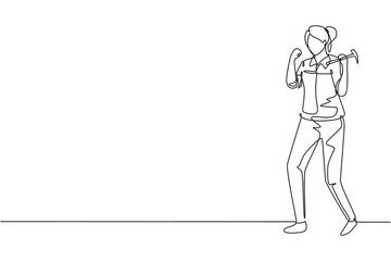 Wall Mural - Continuous one line drawing female carpenter standing with celebrate gesture works for wood industry and must be skilled at using carpentry tools. Single line draw design vector graphic illustration