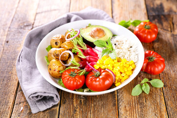 Sticker - buddha bowl- salad with potato, avocado, tomato, radish and rice