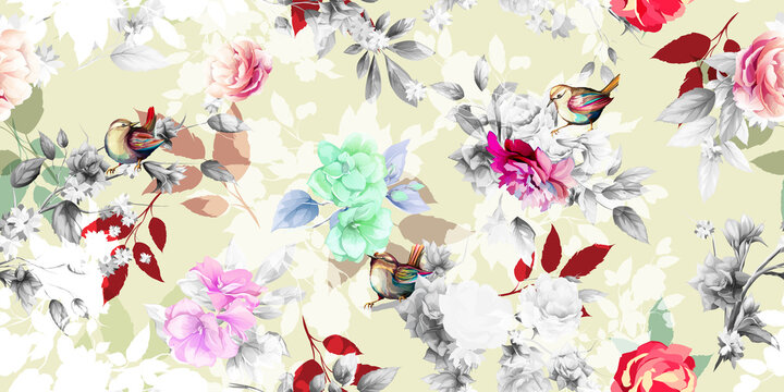 Wide vintage seamless background pattern. Peony, wild flowers, birds around with leaf on light yellow. Abstract, hand drawn, vector - stock.
