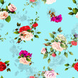 Seamless background pattern with peony, wild, abstract flowers, leaves on blue. Hand drawn vector illustration.