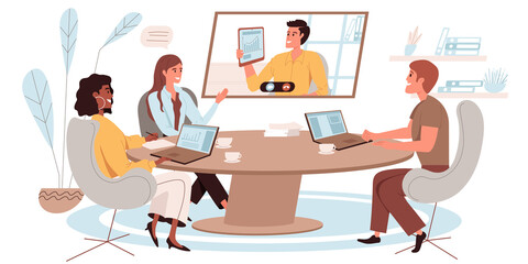 Wall Mural - online conference web concept in flat style. business meeting of employees via video call. colleague
