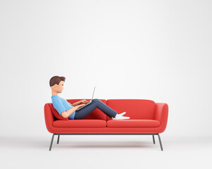 Wall Mural - Cartoon character man lying on the red couch at white studio and work on laptop. Comfortable work at home concept.