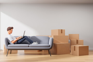Cartoon character man lying on the gray couch with laptop at empty room with cardboard boxes on background. Online shopping delivery and moving concept.