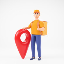 Happy Cartoon Character Man Courier In Yellow T-shirt And Cap With Food Backpack Showing Thumb Up Over White Background With Red Map Pointer.