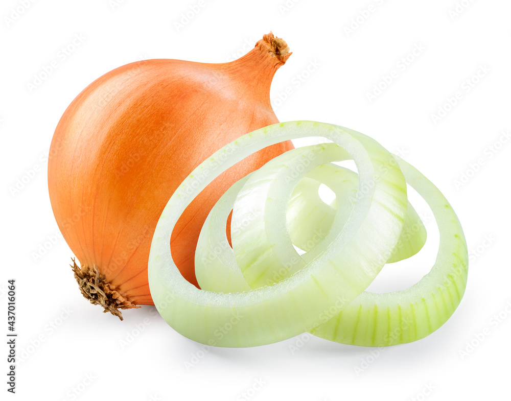 Onion bulb isolated. Whole onion and onion rings on white background. Full depth of field. With clipping path. - obrazy, fototapety, plakaty 