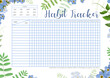 Habit Tracker with tiny blue flowers of forget-me-not and adorable green leaves. Monthly planner habit tracker blank template. Printable organizer, diary, planner for important goals