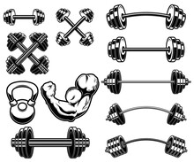 Set Of Illustrations Of Weightlifting Barbells And Dumbells . Design Element For Logo, Label, Sign, Emblem, Banner. Vector Illustration