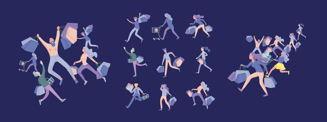  Collection of people carrying shopping bags with purchases. Madness on sale, line of crazy Men and women taking part in seasonal sale at store, shop, mall. Cartoon characters