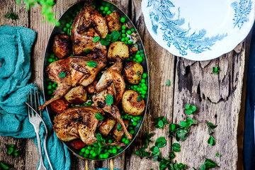 Roasted quail with spring vegetables