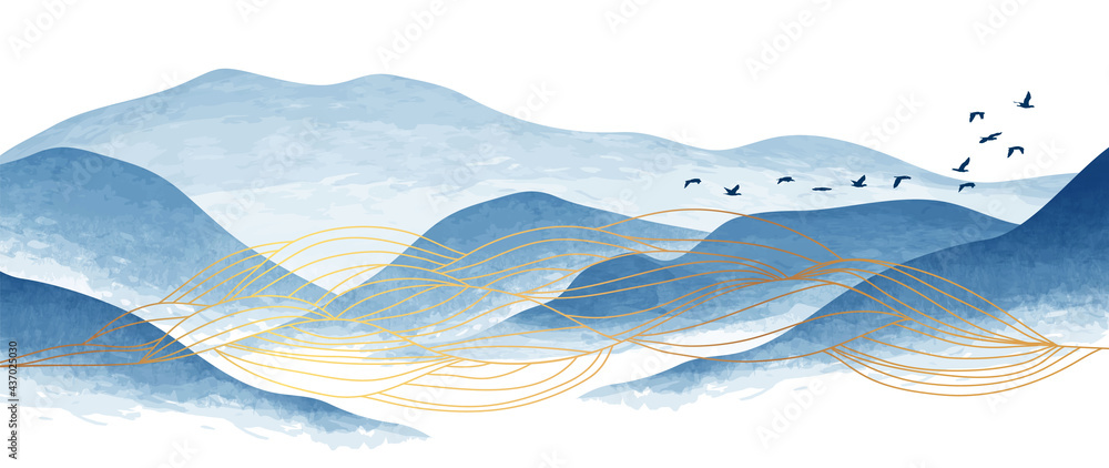Blue mountain and golden line arts background vector. Oriental Luxury landscape background design with watercolor brush and gold line texture. Wallpaper design, Wall art for home decor and prints. - obrazy, fototapety, plakaty 