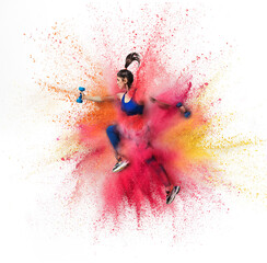 Wall Mural - Young sportsman, female athlete running in explosion of colored powder explosion isolated on white background