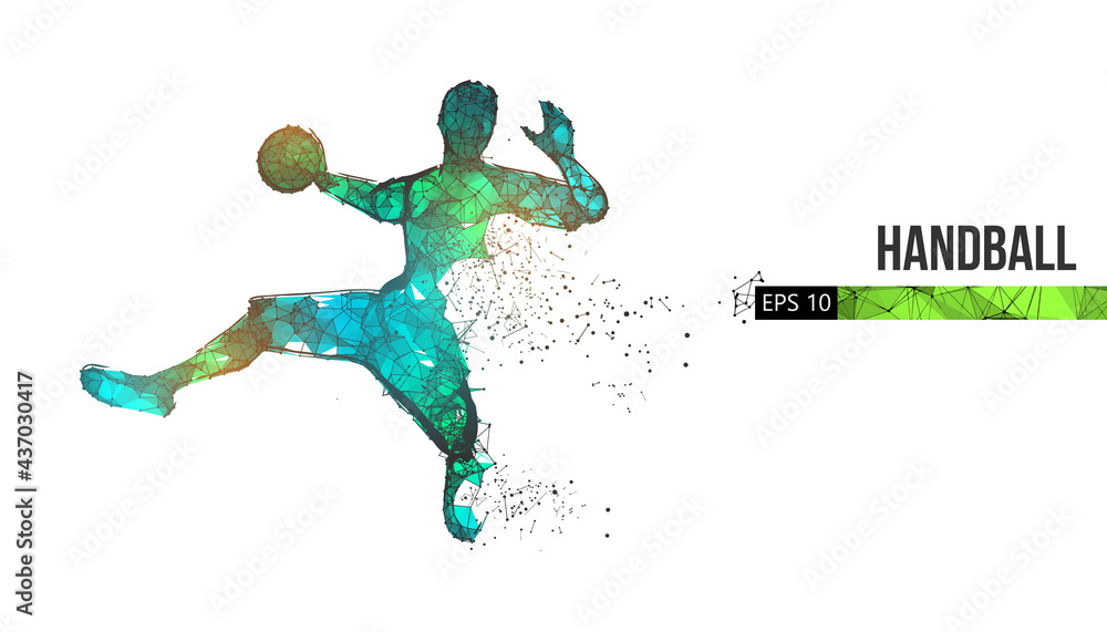 Handball Background Frame Abstract silhouette of a wireframe handball player from particles on ...