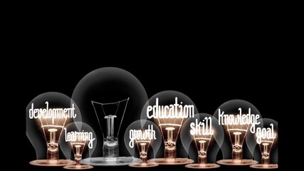 Wall Mural - Light bulbs going from dark to light with Training, Skill, Education, Knowledge, Development and Learning fiber text on black background. High quality 4k video.