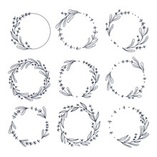 Floral Lavender Wreath Collection, Hand Drawn Vector Illustration Isolated On White. Decorative Round Frames With Flowers And Leaves, Ink Sketch For Wedding Event Invitations.