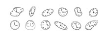 Clock Icon Set In Liquid Deformed Line Dali Style, Melting Clocks Distorted Shape, Linear Collection Illustration.