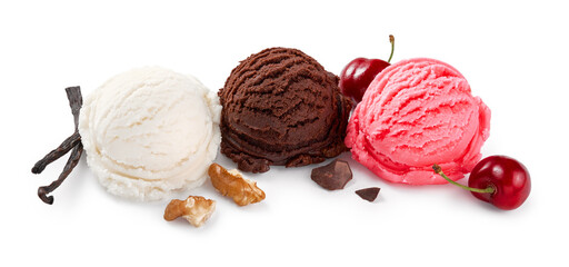 Poster - Assorted of ice cream scoops on white background. Chocolate ice cream and cherry ice cream isolated with nuts, berries and vanilla.