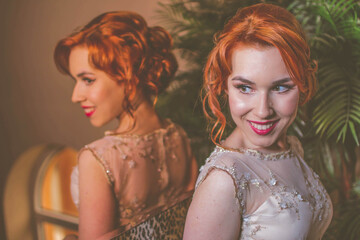 Poster - Female with red hair reflected on a mirror