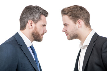 businessmen face to face. disagreed men partners. business competition. arguing businesspeople