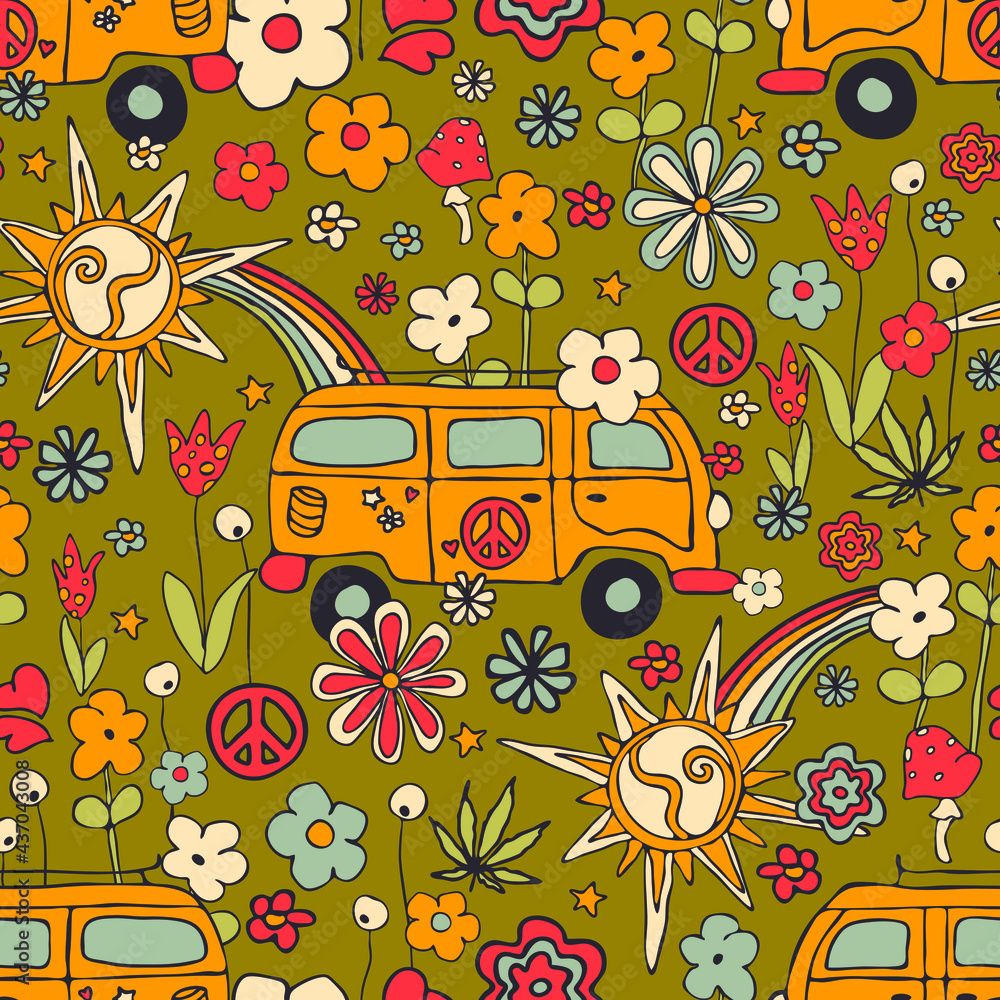 Seamless vector pattern with happy floral van on green background ...