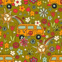 Seamless Vector Pattern With Happy Floral Van On Green Background. Groovy Vintage Summer Wallpaper Design. Decorative 60's Fashion Textile.