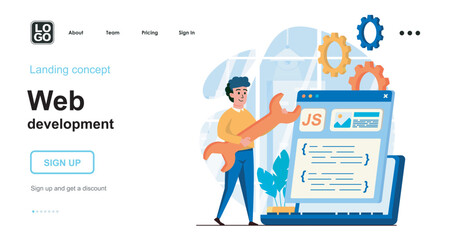 Wall Mural - Web development concept. Developer creates layout of webpage, coding code, settings and optimizes. Template of people scenes. Vector illustration with character activities in flat design for website