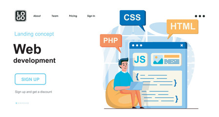 Aufkleber - Web development concept. Man develops product, webpage layout, posting content, coding code. Template of people scenes. Vector illustration with character activities in flat design for website