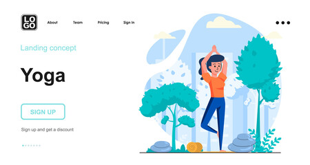 Poster - Yoga web concept. Young girl performs asanas in training, takes care of body, healthy lifestyle. Template of people scenes. Vector illustration with character activities in flat design for website