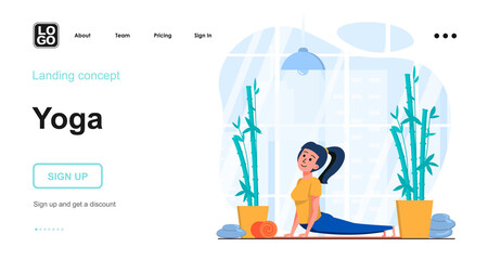 Poster - Yoga web concept. Young girl performs asanas in workout, training body strength, healthy lifestyle. Template of people scenes. Vector illustration with character activities in flat design for website