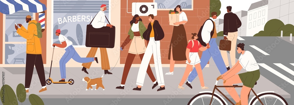 Busy people traffic on modern city street. Summer cityscape with happy pedestrians, cyclist on bicycle, kid on scooter, couple with dog walking. Colored flat vector illustration of urban panorama - obrazy, fototapety, plakaty 