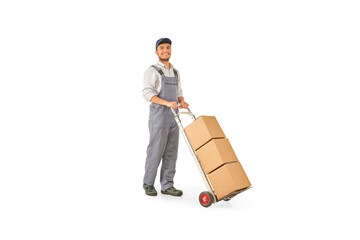 Wall Mural - Delivery man with hand truck and transporter style brown cardboard box.