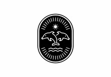 Vintage Black White Line Art Of Dolphin Badge