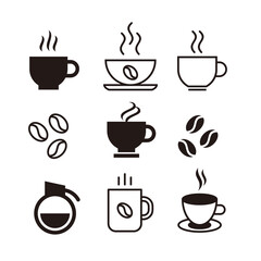 Sticker - Set of Simple Flat Coffee Icon Illustration Design, Black Silhouette Coffee Symbol Collection Template Vector