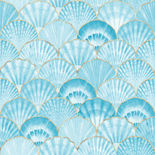 Watercolor Sea Shell Seamless Pattern. Hand Drawn Seashells Texture Vintage Ocean Background