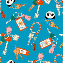 Various Keys With Different Keychains. Keyholders And Keyrings Collection. Modern Keys With Pendants. Hand Drawn Vector Seamless Pattern. Blue Background. Wrapping, Textile Template