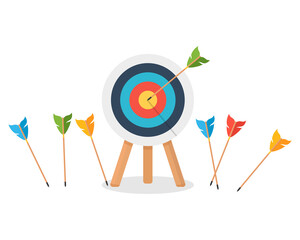 Business concept goal achievement, archery sport competition. Precisely on target or miss, an unsuccessful attempt to hit a target. Vector illustration.
