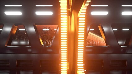 Wall Mural - Sci-fi tunnel in outer space with neon light. Planet Mars outside the window of the spaceship. Space technology concept. 3d animation of a seamless loop